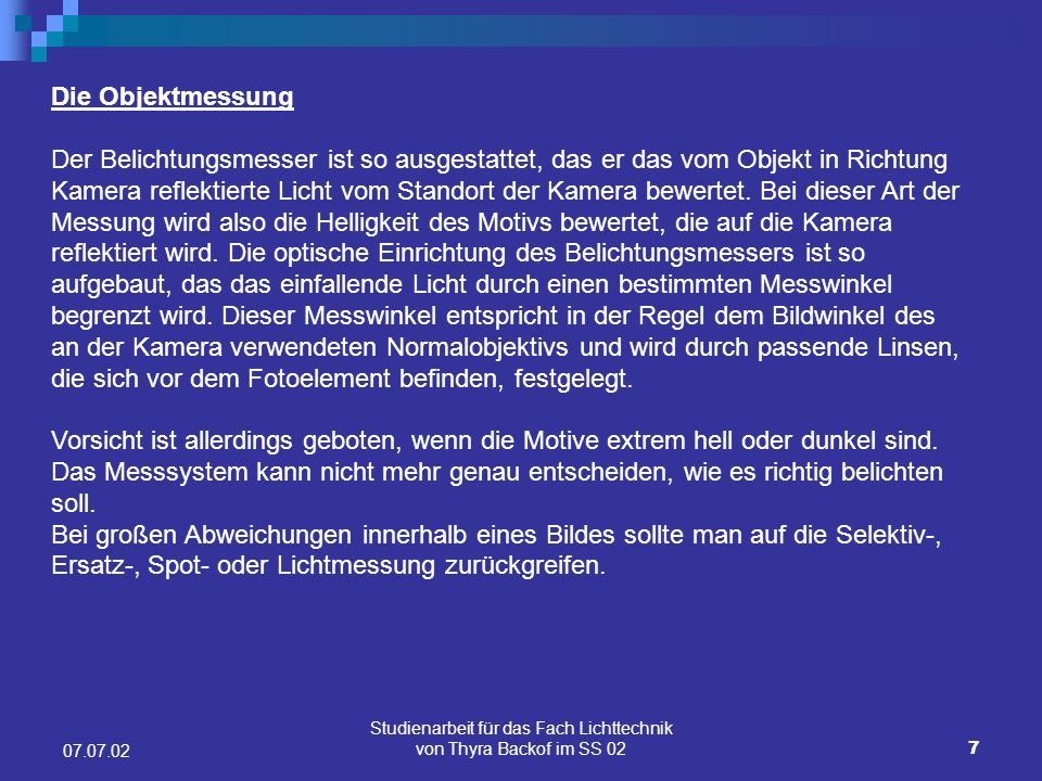 Studienarbeit für das Fach Lichttechnik von Thyra Backof im SS 02