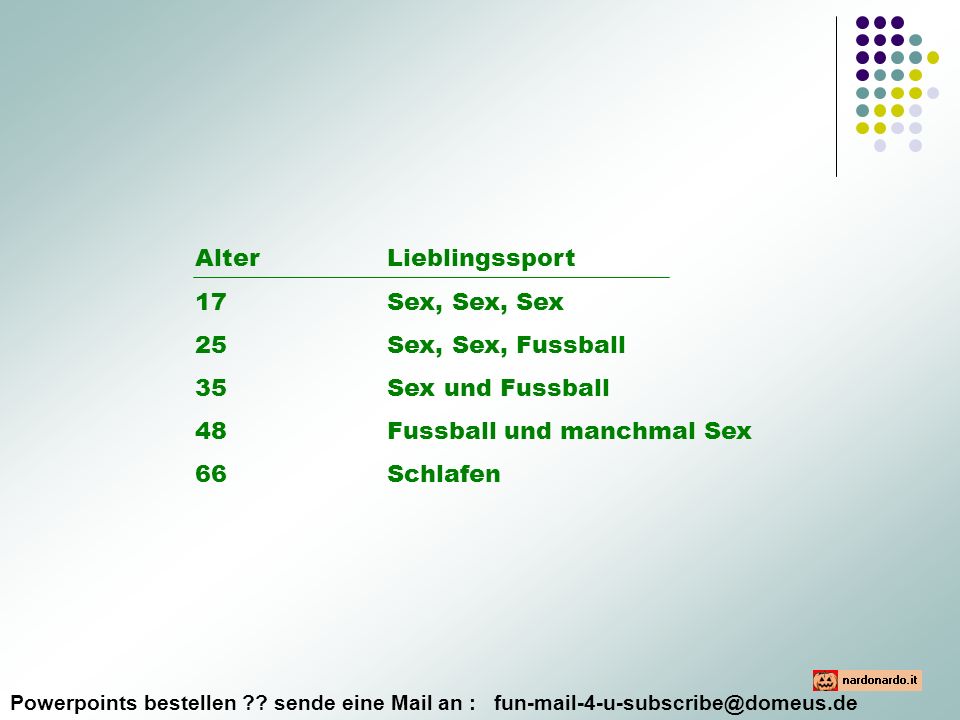 Alter Lieblingssport 17 Sex, Sex, Sex. 25 Sex, Sex, Fussball. 35 Sex und Fussball. 48 Fussball und manchmal Sex.