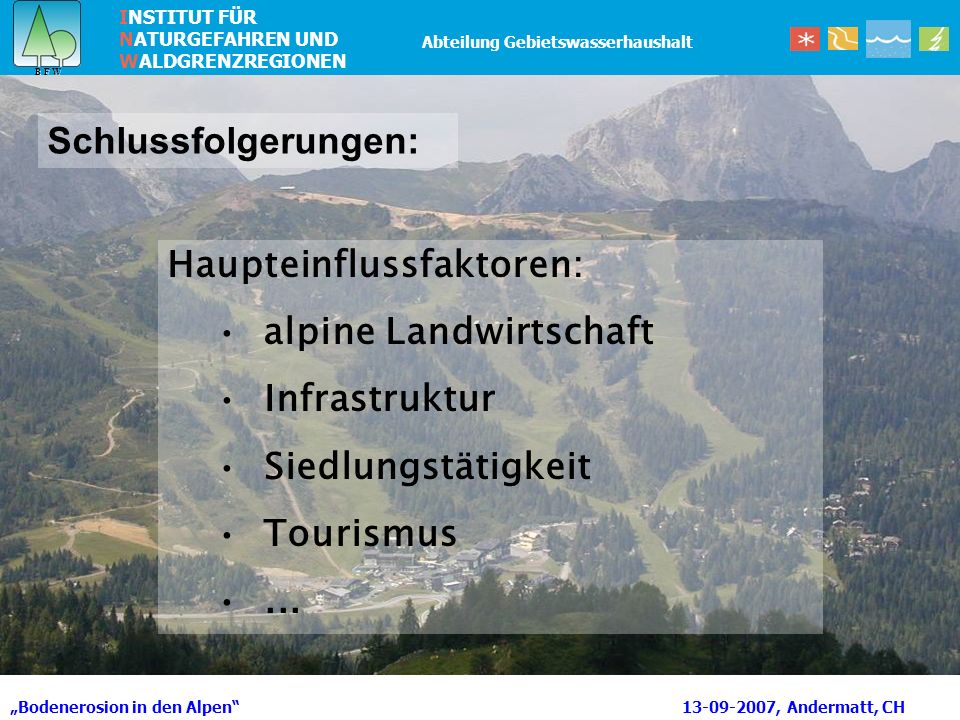 Haupteinflussfaktoren: alpine Landwirtschaft Infrastruktur
