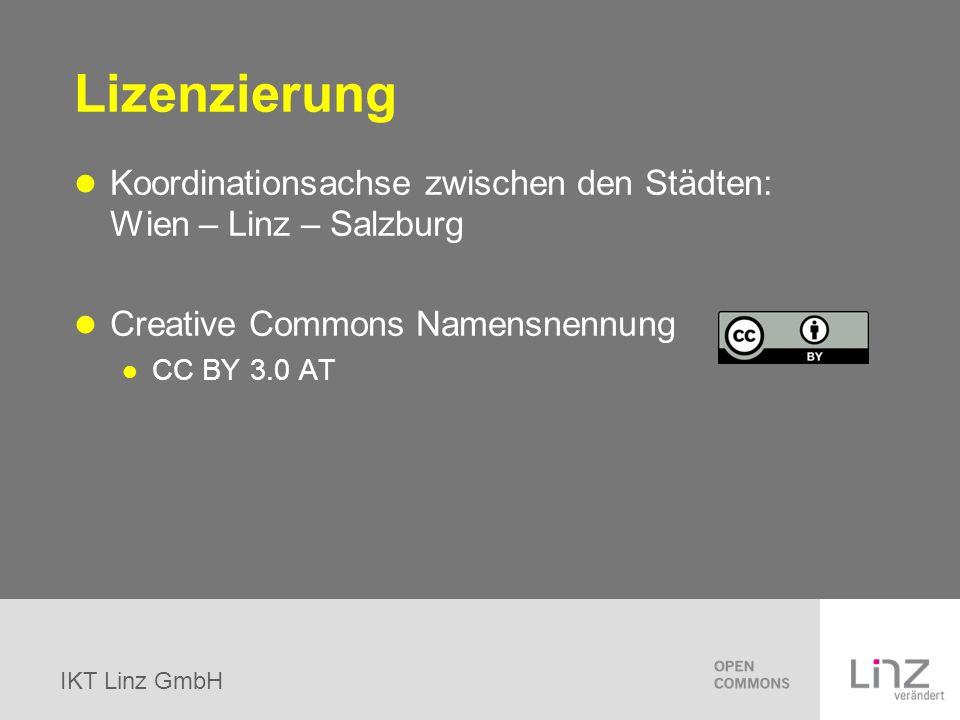 Lizenzierung Koordinationsachse zwischen den Städten: Wien – Linz – Salzburg. Creative Commons Namensnennung.