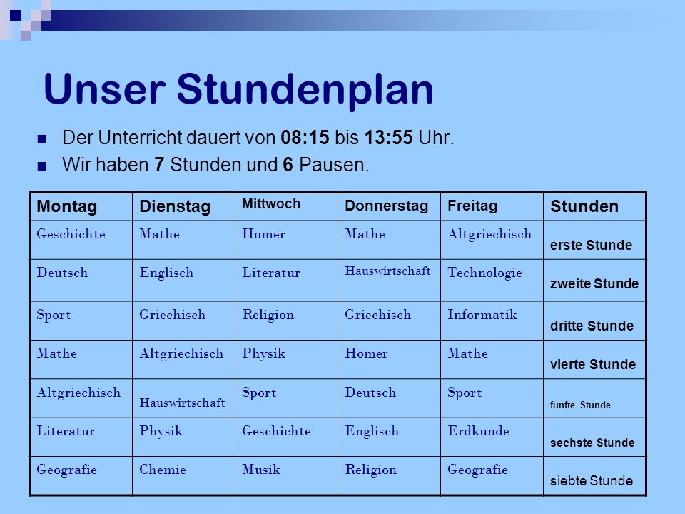 Unser Stundenplan Der Unterricht dauert von 08:15 bis 13:55 Uhr.