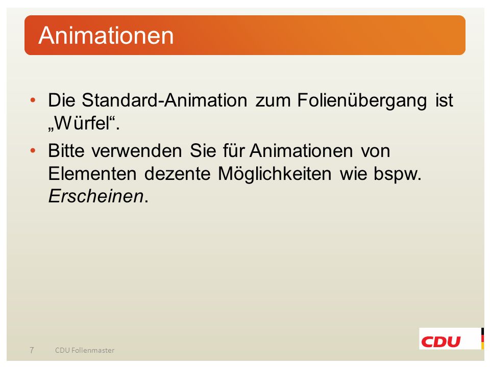 Animationen Die Standard-Animation zum Folienübergang ist „Würfel .
