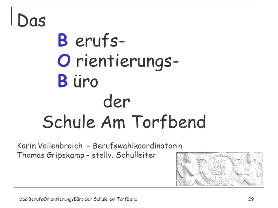 Das B erufs- O rientierungs- B üro der Schule Am Torfbend Karin Vollenbroich – Berufswahlkoordinatorin Thomas Gripskamp – stellv. Schulleiter