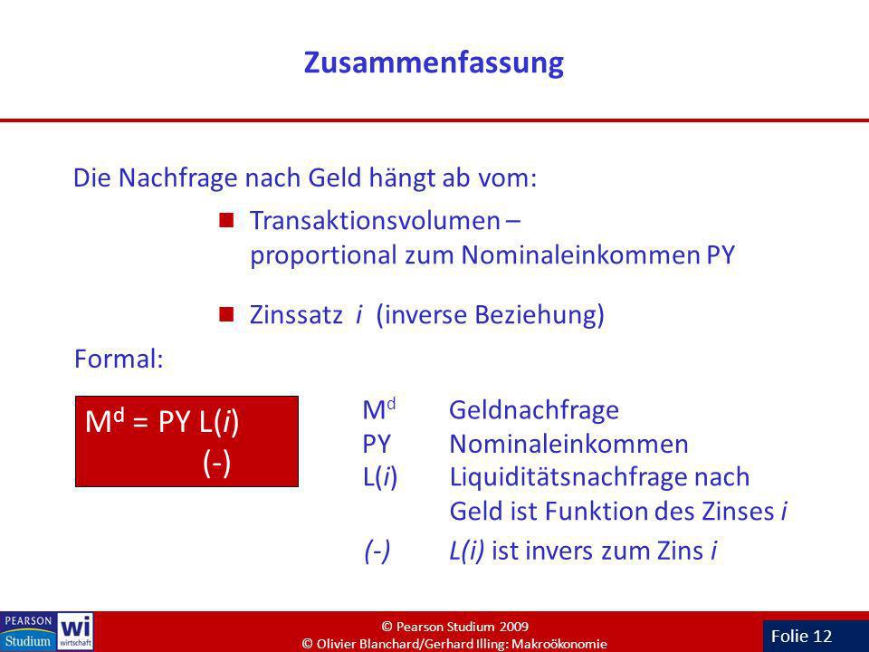 Zusammenfassung Md = PY L(i) (-) Die Nachfrage nach Geld hängt ab vom:
