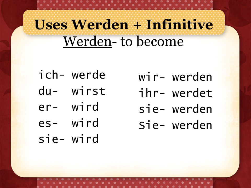 Uses Werden + Infinitive Werden- to become