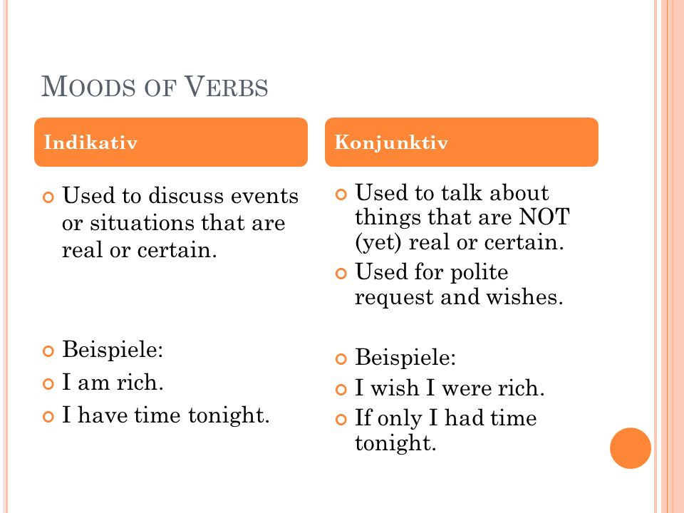 Moods of Verbs Indikativ. Konjunktiv. Used to discuss events or situations that are real or certain.