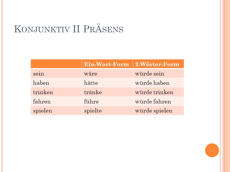 Konjunktiv II PrÄsens Ein-Wort-Form 2-Wörter-Form sein wäre würde sein