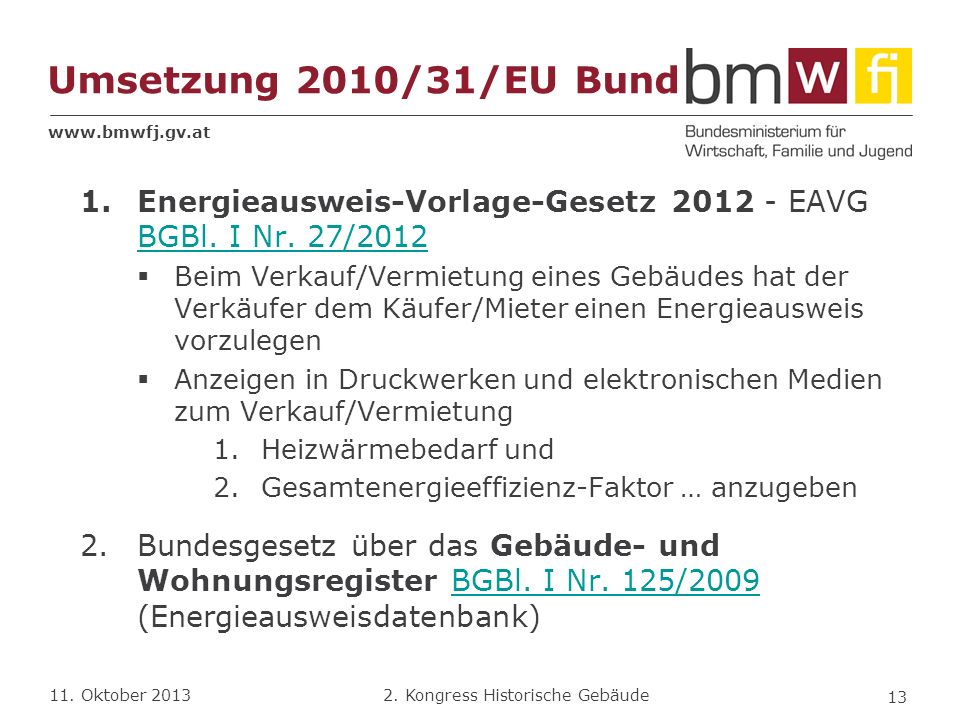 Umsetzung 2010/31/EU Bund Energieausweis-Vorlage-Gesetz EAVG BGBl. I Nr. 27/2012.