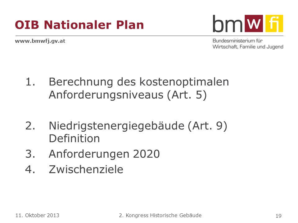 OIB Nationaler Plan Berechnung des kostenoptimalen Anforderungsniveaus (Art. 5) Niedrigstenergiegebäude (Art. 9) Definition.