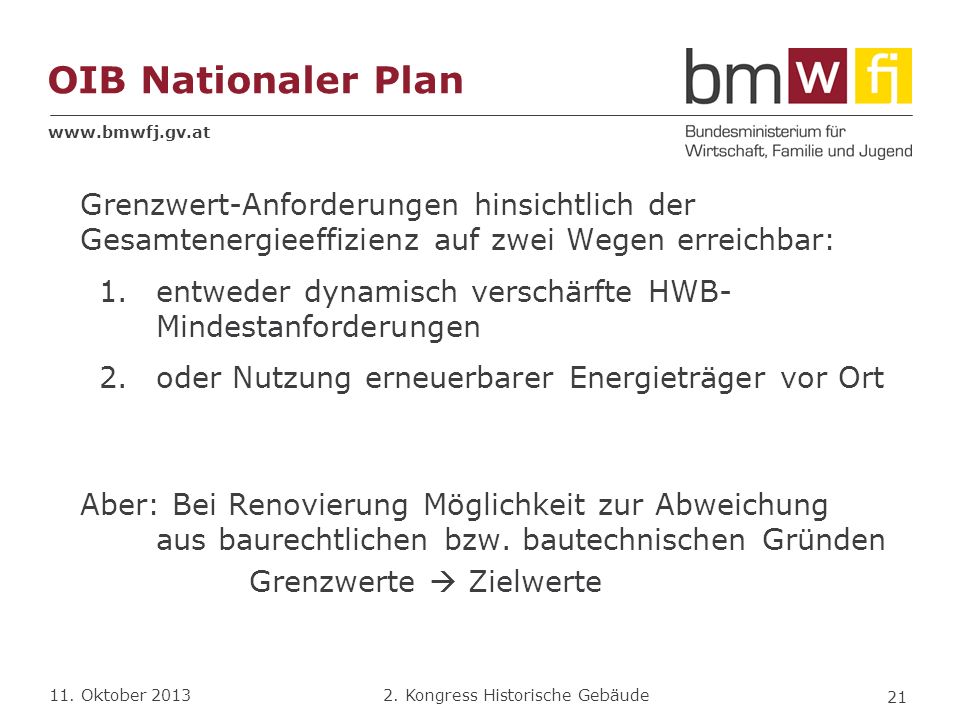 OIB Nationaler Plan Grenzwert-Anforderungen hinsichtlich der Gesamtenergieeffizienz auf zwei Wegen erreichbar: