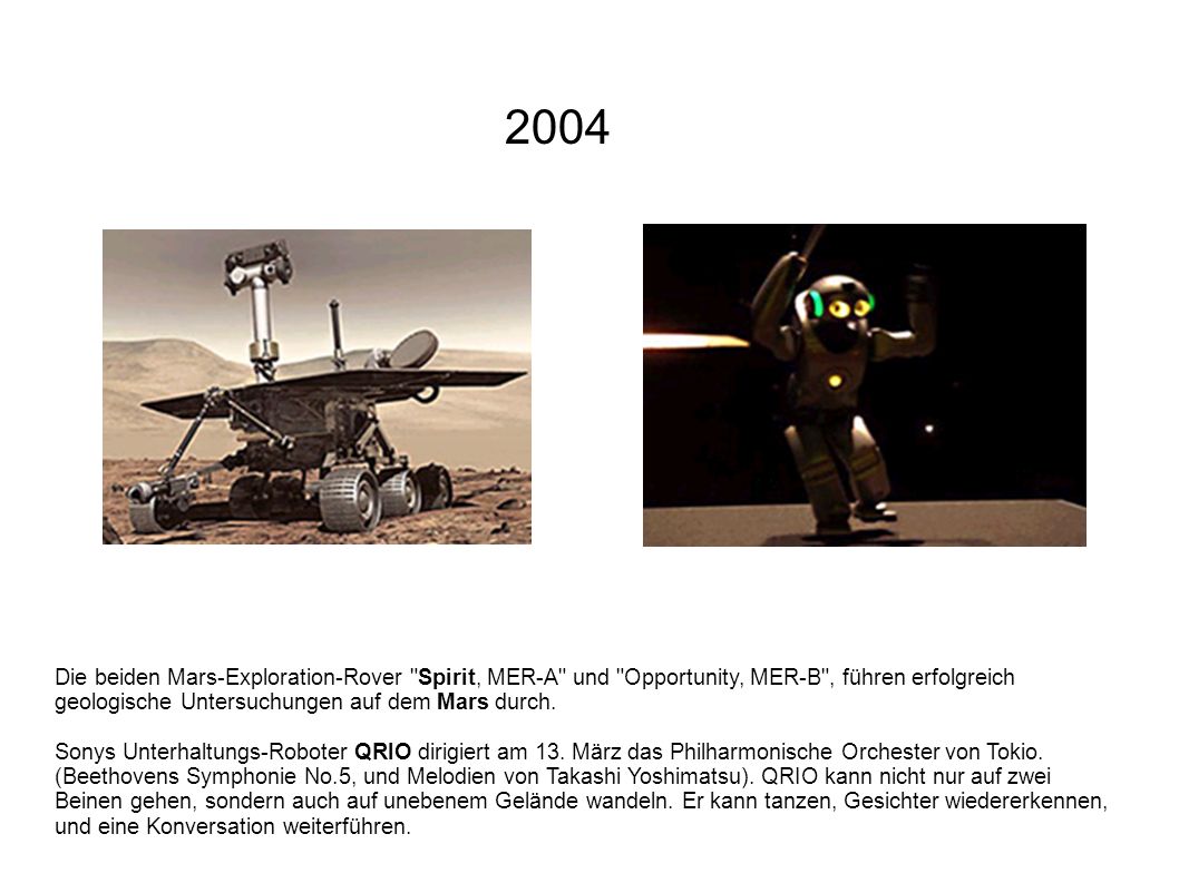 2004 Die beiden Mars-Exploration-Rover Spirit, MER-A und Opportunity, MER-B , führen erfolgreich geologische Untersuchungen auf dem Mars durch.