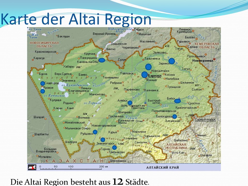 Karte der Altai Region Die Altai Region besteht aus 12 Städte.