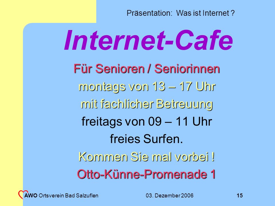 Internet-Cafe Für Senioren / Seniorinnen montags von 13 – 17 Uhr