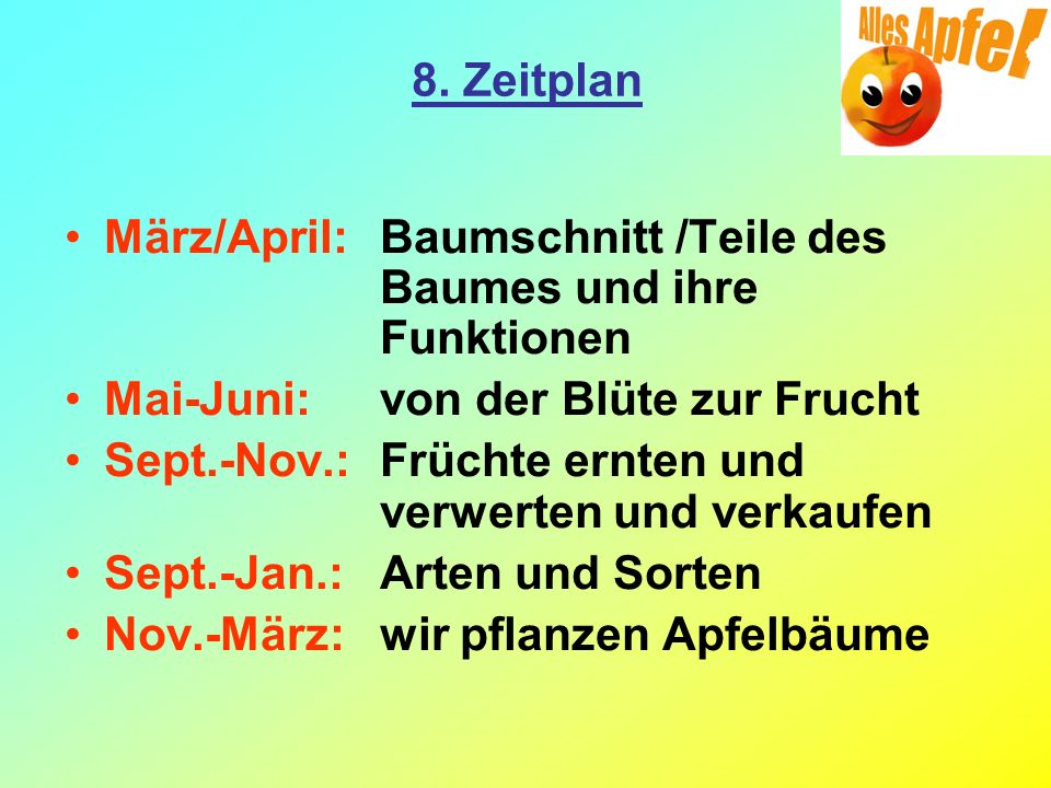 8. Zeitplan März/April: Baumschnitt /Teile des Baumes und ihre Funktionen. Mai-Juni: von der Blüte zur Frucht.