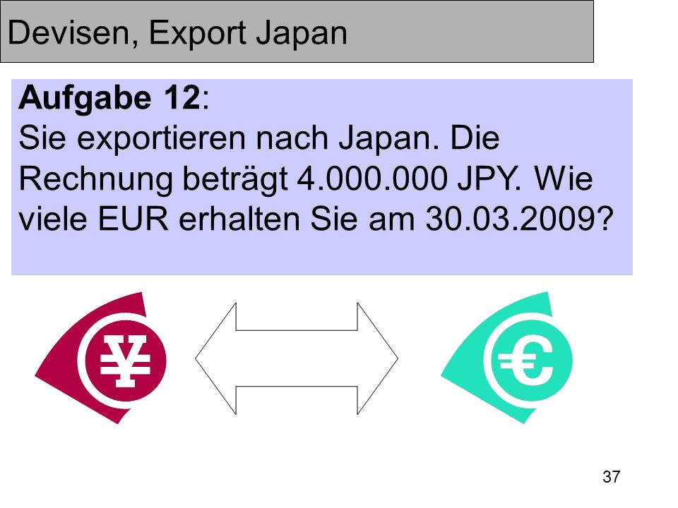 Devisen, Export Japan Aufgabe 12: Sie exportieren nach Japan.