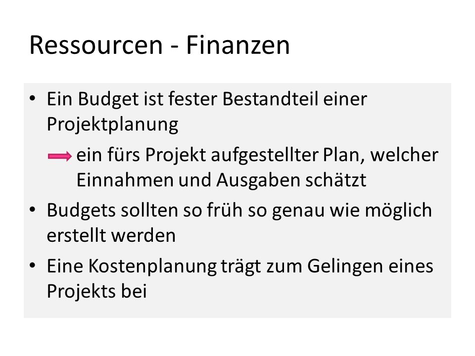 Ressourcen - Finanzen Ein Budget ist fester Bestandteil einer Projektplanung.