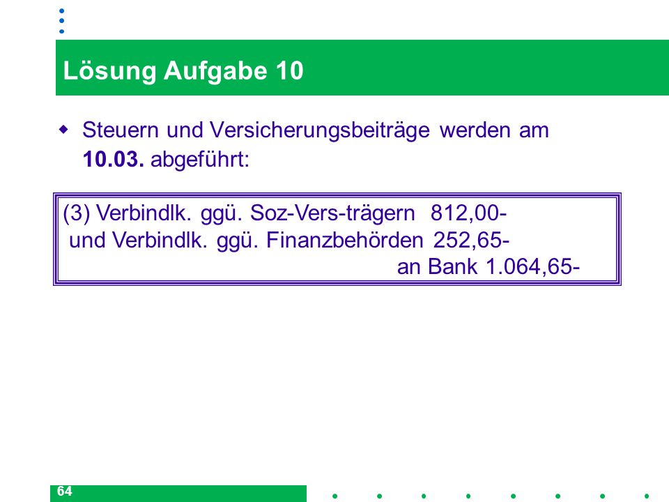 Lösung Aufgabe 10 Steuern und Versicherungsbeiträge werden am abgeführt: (3) Verbindlk. ggü. Soz-Vers-trägern 812,00-