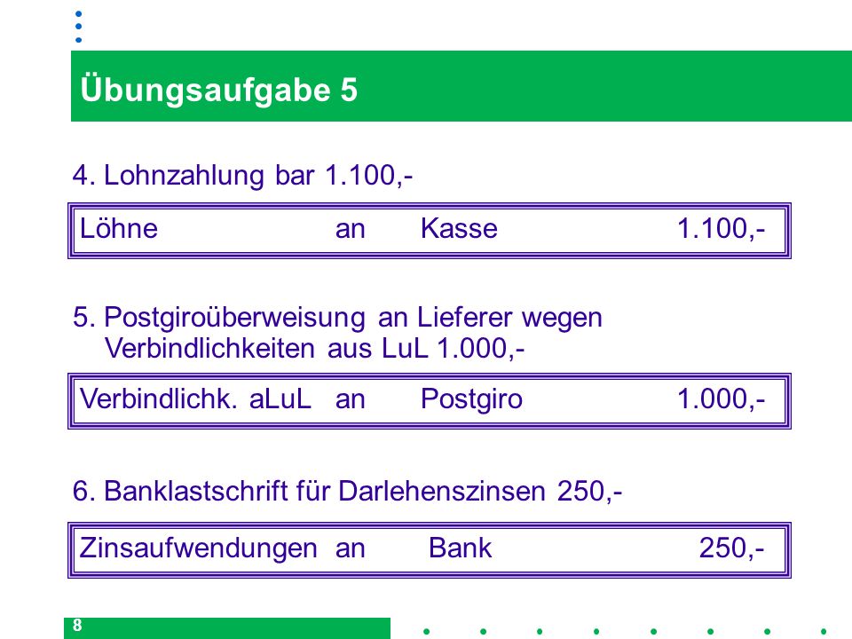 Übungsaufgabe 5 4. Lohnzahlung bar 1.100,- Löhne an Kasse 1.100,-