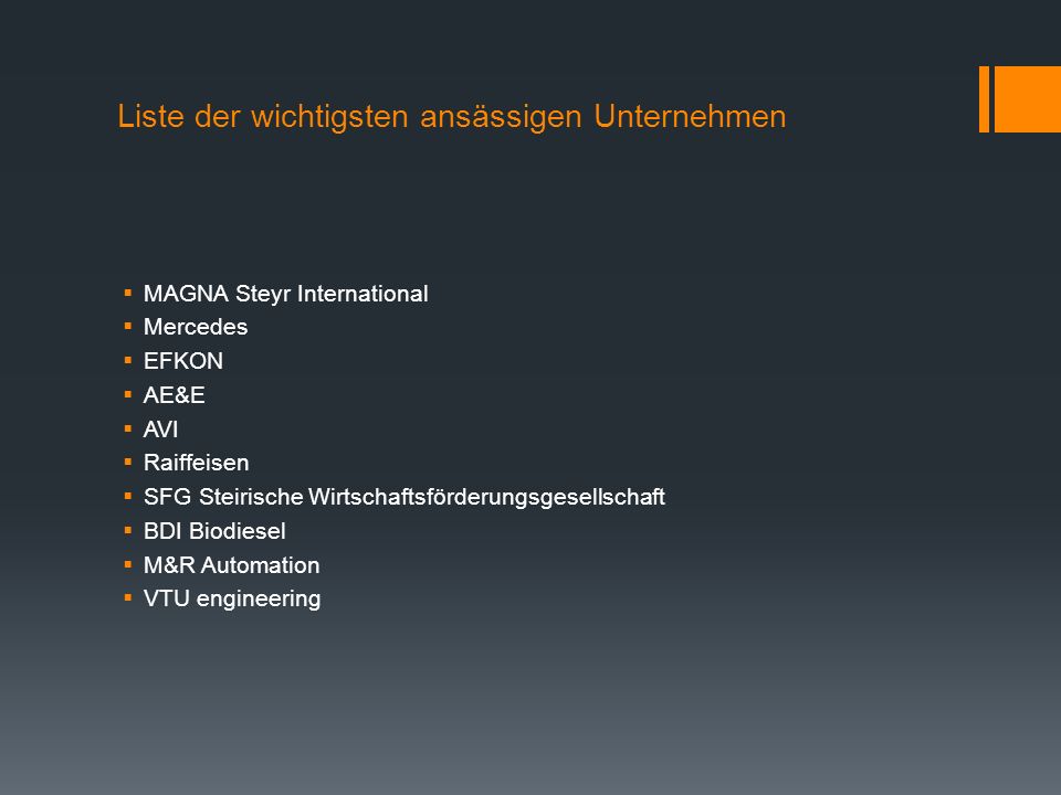 Liste der wichtigsten ansässigen Unternehmen