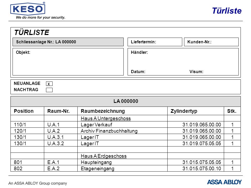 Türliste TÜRLISTE LA Position Raum-Nr. Raumbezeichnung