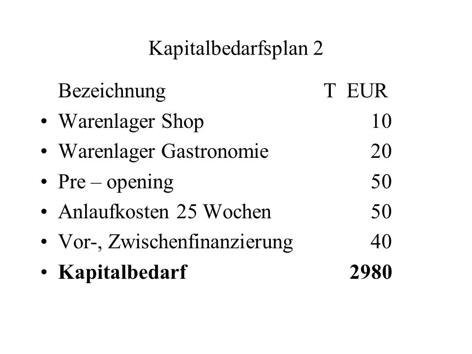 Kapitalbedarfsplan 2 Bezeichnung T EUR. Warenlager Shop 10. Warenlager Gastronomie 20. Pre – opening 50.