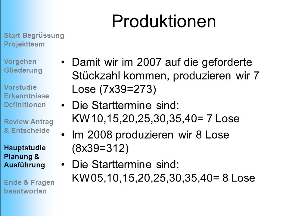 Produktionen Start Begrüssung Projektteam. Vorgehen Gliederung. Vorstudie Erkenntnisse. Definitionen.