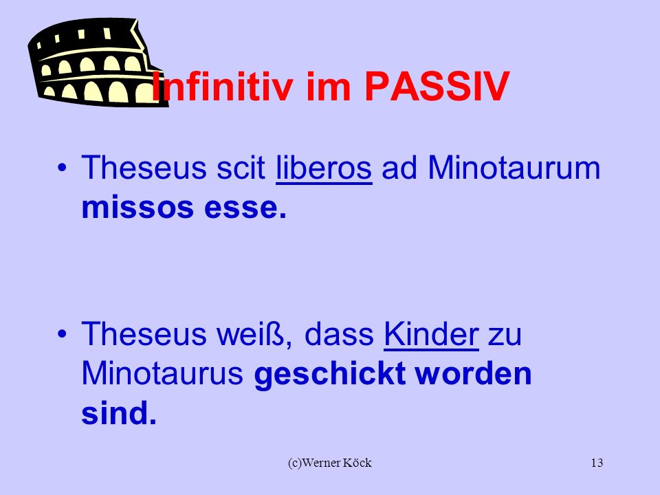 Infinitiv im PASSIV Theseus scit liberos ad Minotaurum missos esse.