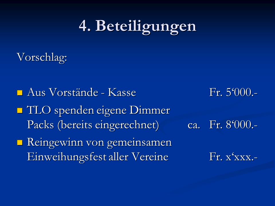 4. Beteiligungen Vorschlag: Aus Vorstände - Kasse Fr. 5‘000.-