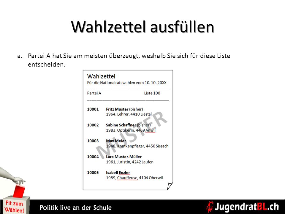 Wahlzettel ausfüllen Partei A hat Sie am meisten überzeugt, weshalb Sie sich für diese Liste entscheiden.