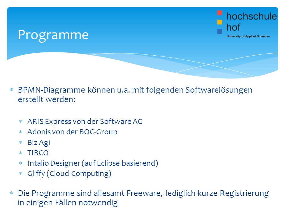 Programme BPMN-Diagramme können u.a. mit folgenden Softwarelösungen erstellt werden: ARIS Express von der Software AG.