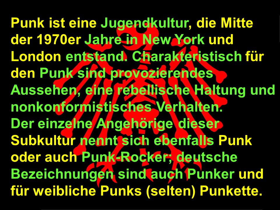 Punk ist eine Jugendkultur, die Mitte der 1970er Jahre in New York und London entstand. Charakteristisch für den Punk sind provozierendes Aussehen, eine rebellische Haltung und nonkonformistisches Verhalten.
