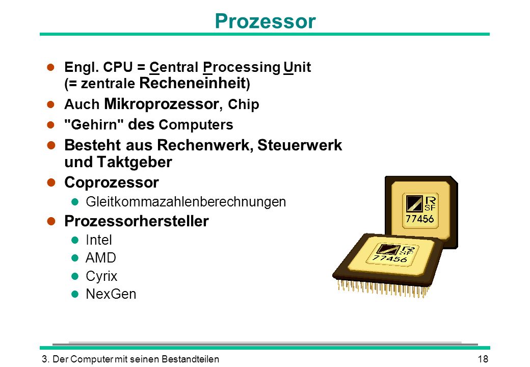 Prozessor Besteht aus Rechenwerk, Steuerwerk und Taktgeber Coprozessor