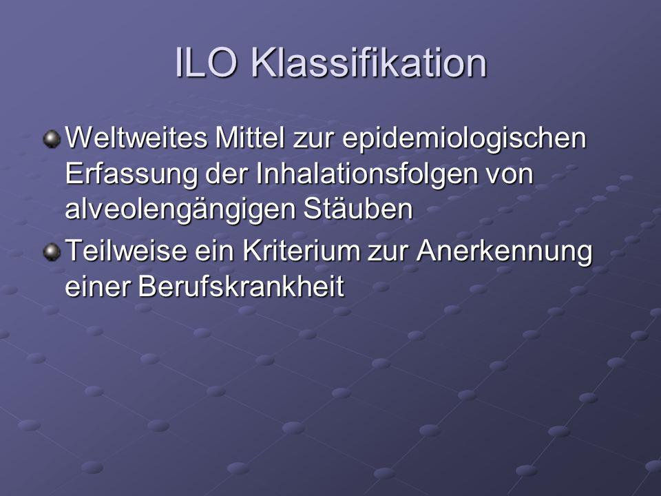 ILO Klassifikation Weltweites Mittel zur epidemiologischen Erfassung der Inhalationsfolgen von alveolengängigen Stäuben.