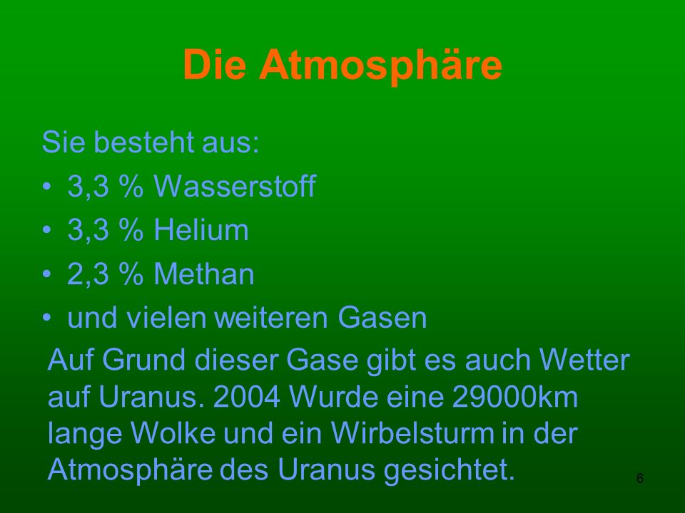 Die Atmosphäre Sie besteht aus: 3,3 % Wasserstoff 3,3 % Helium
