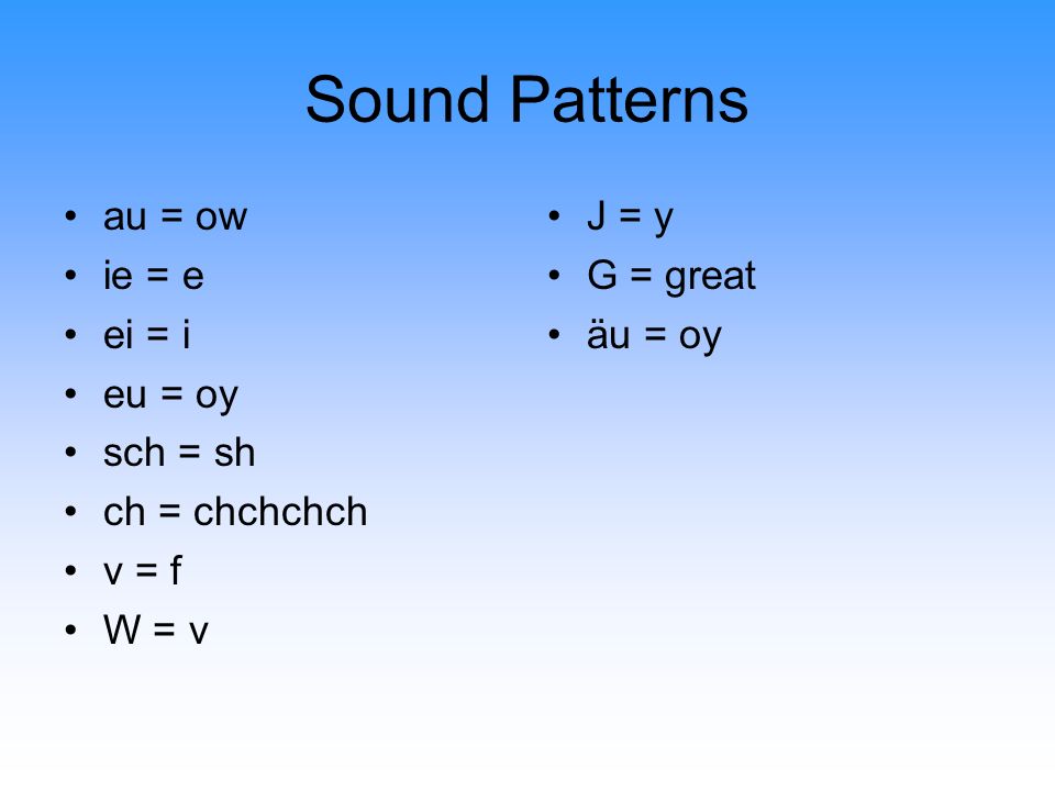 Sound Patterns au = ow ie = e ei = i eu = oy sch = sh ch = chchchch