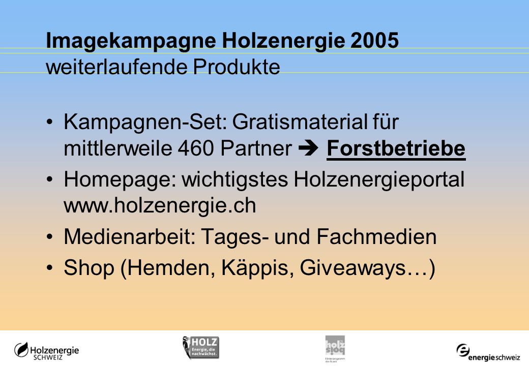 Imagekampagne Holzenergie 2005 weiterlaufende Produkte