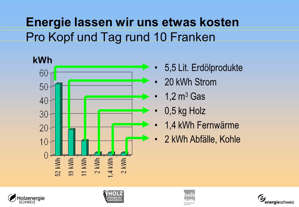 Energie lassen wir uns etwas kosten Pro Kopf und Tag rund 10 Franken