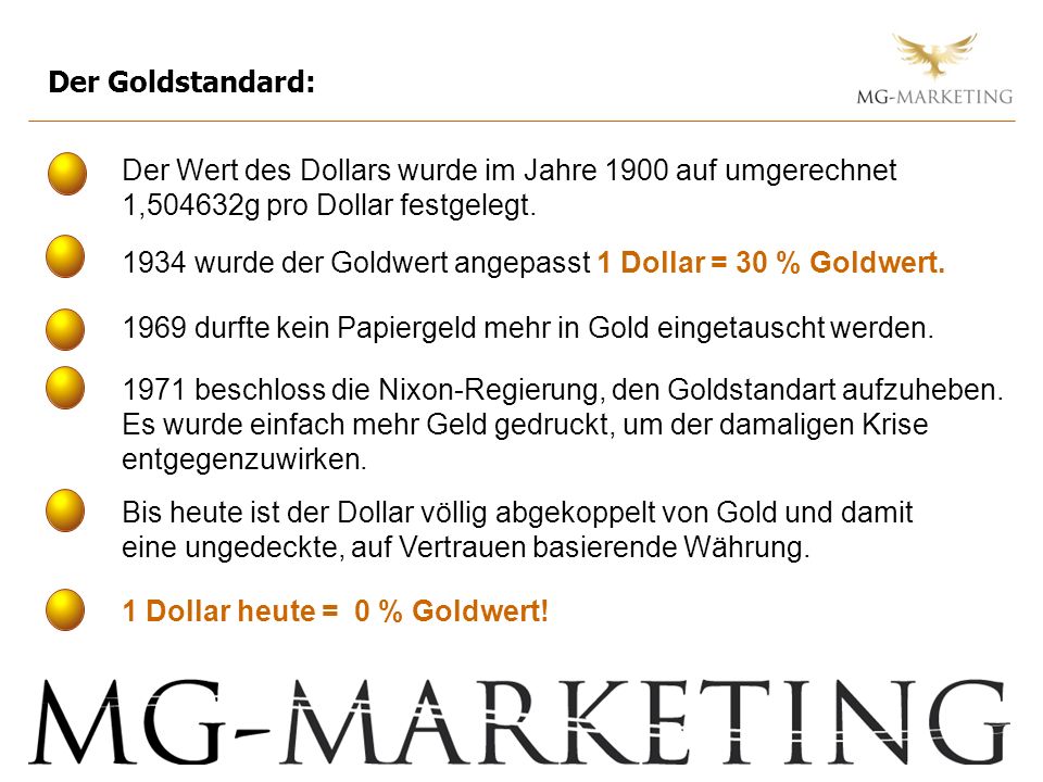 Der Goldstandard: Der Wert des Dollars wurde im Jahre 1900 auf umgerechnet. 1,504632g pro Dollar festgelegt.