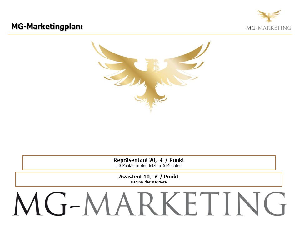 MG-Marketingplan: Repräsentant 20,- € / Punkt 60 Punkte in den letzten 6 Monaten. Assistent 10,- € / Punkt Beginn der Karriere.