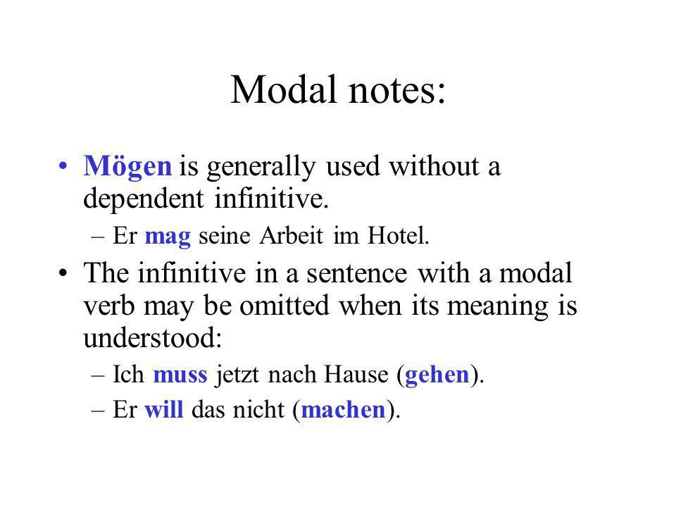Modal notes: Mögen is generally used without a dependent infinitive.