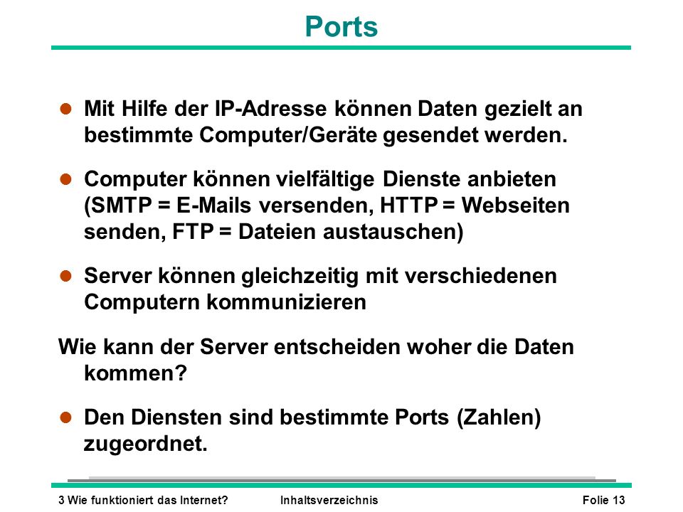 Ports Mit Hilfe der IP-Adresse können Daten gezielt an bestimmte Computer/Geräte gesendet werden.