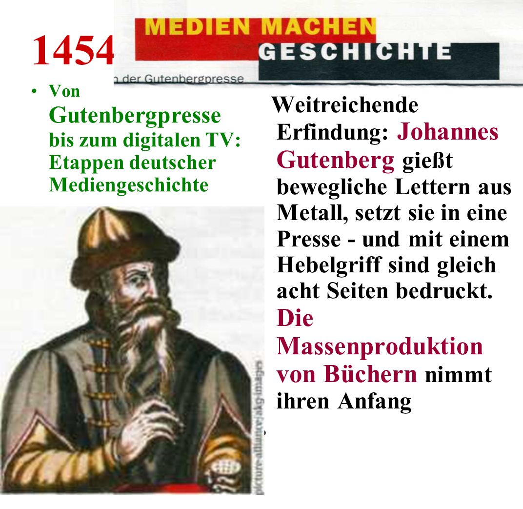 1454 Von Gutenbergpresse bis zum digitalen TV: Etappen deutscher Mediengeschichte.