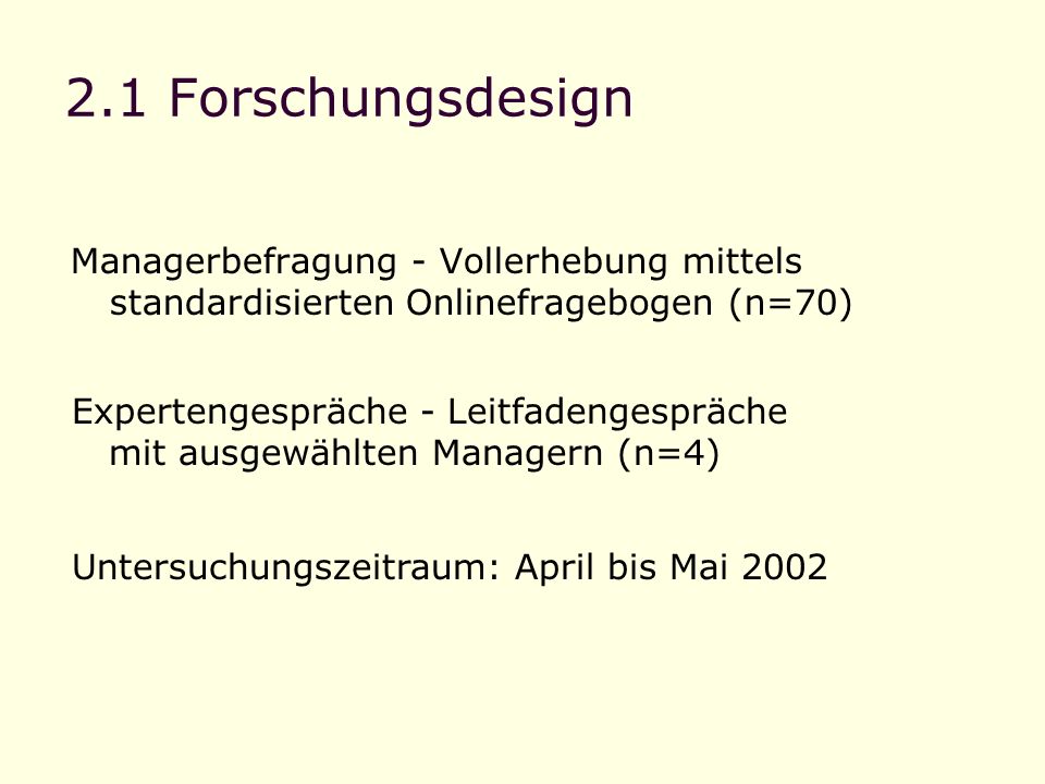 2.1 Forschungsdesign Managerbefragung - Vollerhebung mittels standardisierten Onlinefragebogen (n=70)