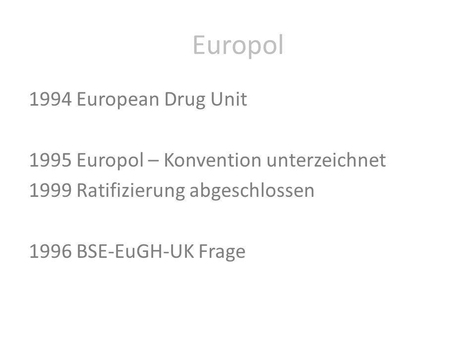 Europol 1994 European Drug Unit 1995 Europol – Konvention unterzeichnet 1999 Ratifizierung abgeschlossen 1996 BSE-EuGH-UK Frage