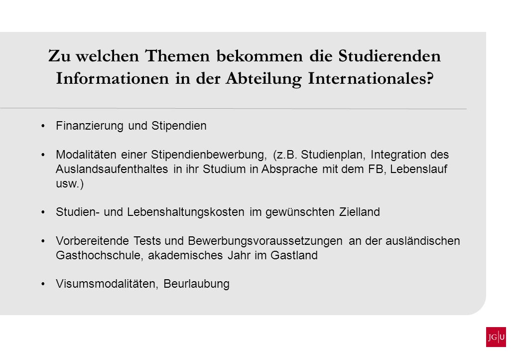 Zu welchen Themen bekommen die Studierenden Informationen in der Abteilung Internationales
