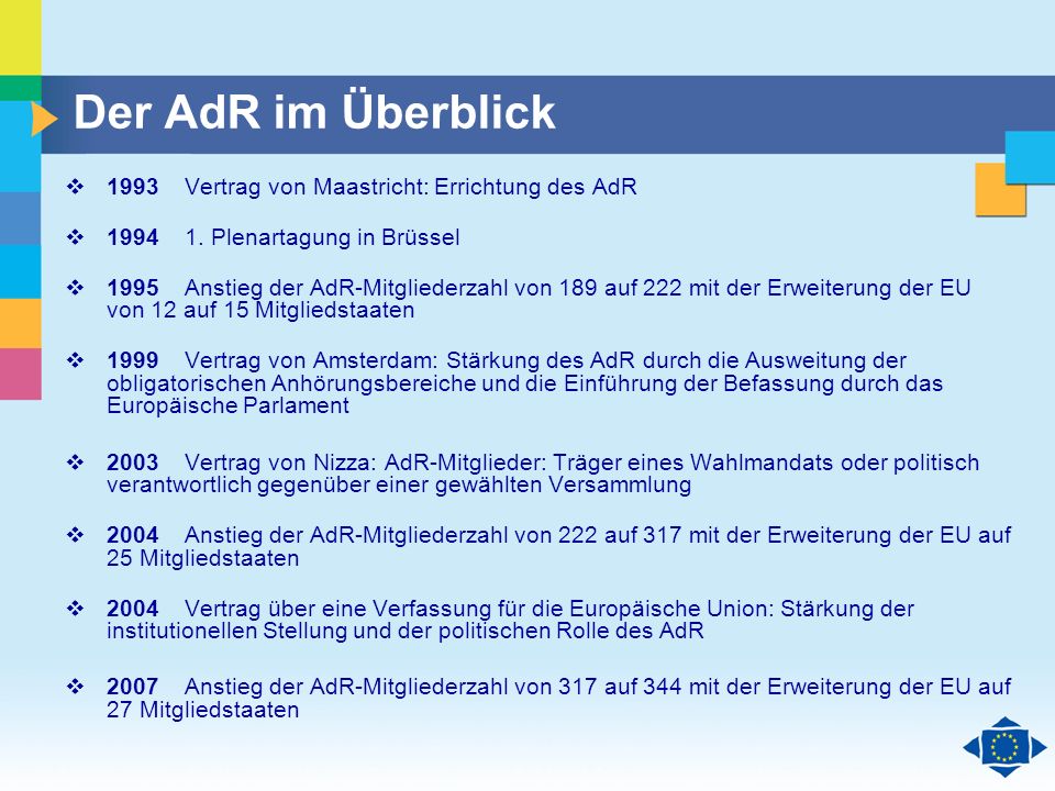 Der AdR im Überblick 1993 Vertrag von Maastricht: Errichtung des AdR
