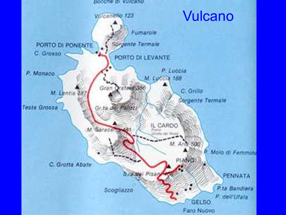 Vulcano Blick von Lipari nach Vulcano, dessen Krater gut zu sehen ist.