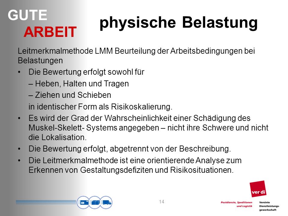 physische Belastung Leitmerkmalmethode LMM Beurteilung der Arbeitsbedingungen bei Belastungen. Die Bewertung erfolgt sowohl für.