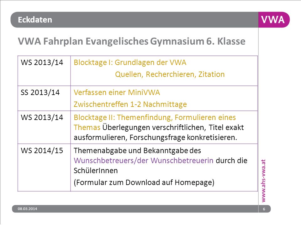 VWA Fahrplan Evangelisches Gymnasium 6. Klasse