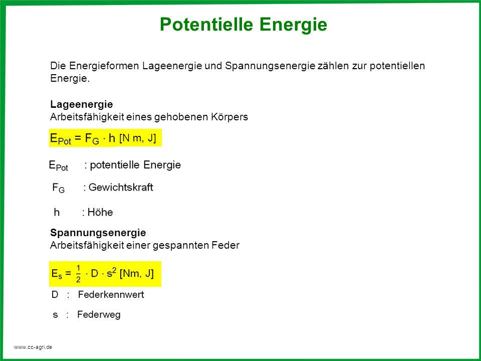 Potentielle Energie Die Energieformen Lageenergie und Spannungsenergie zählen zur potentiellen Energie.
